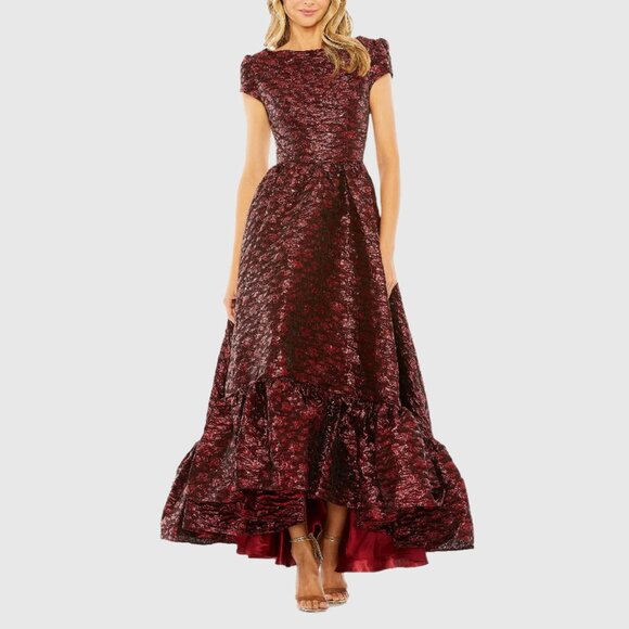 Mac Duggal 68623 Womens High Neck Ruby Red Brocade Bubble Hem Dress Gown - Picture 2 of 4